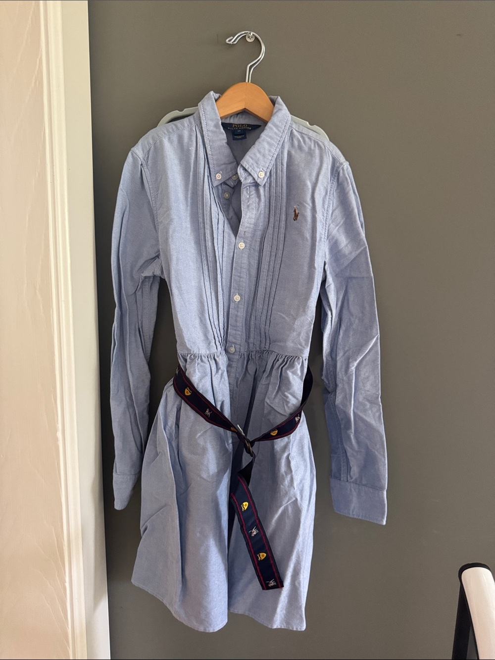 Ralph Lauren Sky Blue Pintuck Button-Front Shirtdress with Navy Ribbon Belt